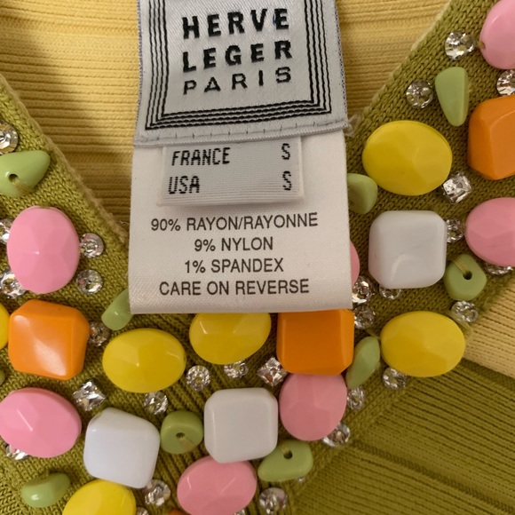 Herve Leger Peach, Olive & Yellow Beaded Midi Bandage Dress - Picture 3 of 5